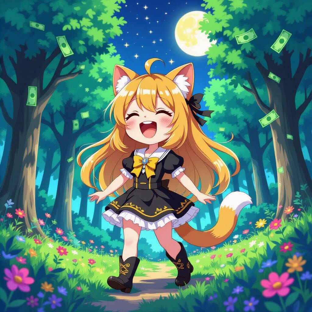 Anime Catgirl Finds a Forest of Money in Synthwave