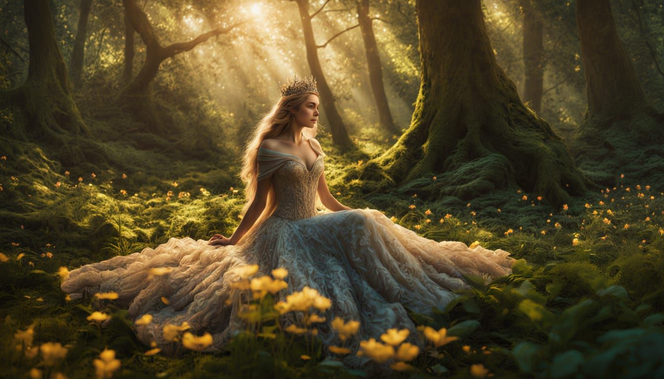 Ethereal Queen Amidst Whimsical Summer Forest