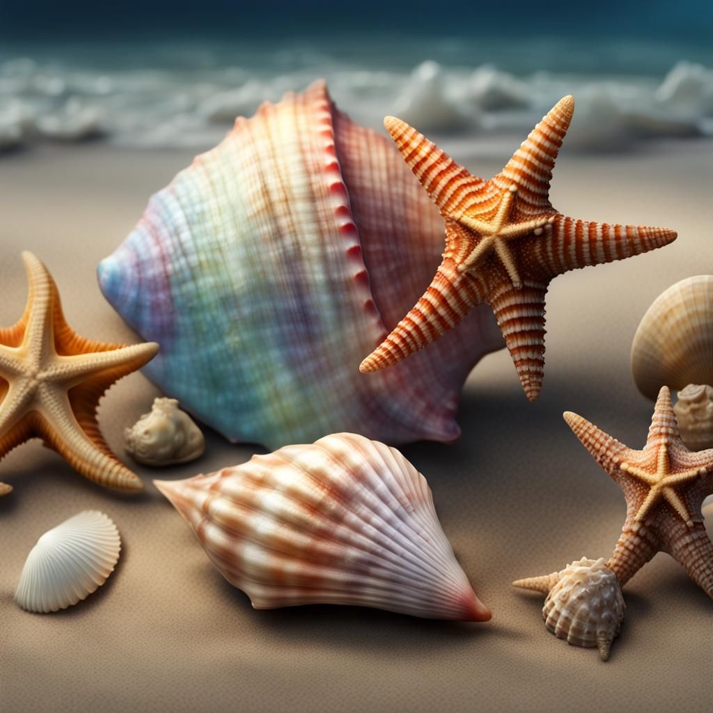 Rainbow Conch Shell with Starfish and Seashell