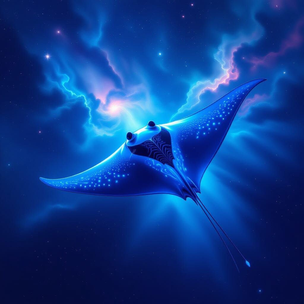 Ethereal Bioluminescent Manta Ray in Cosmic Ocean