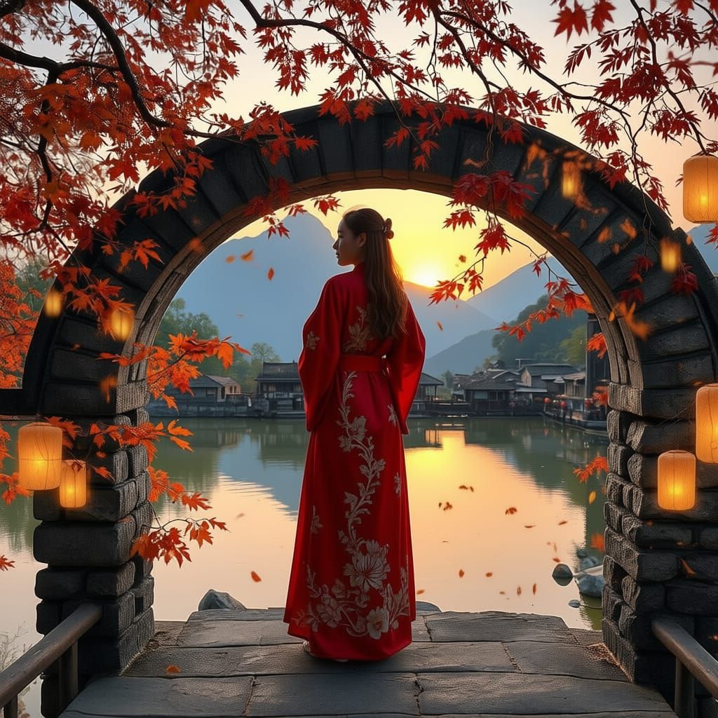 Woman on Bridge Gazing at Reflection in Sunset