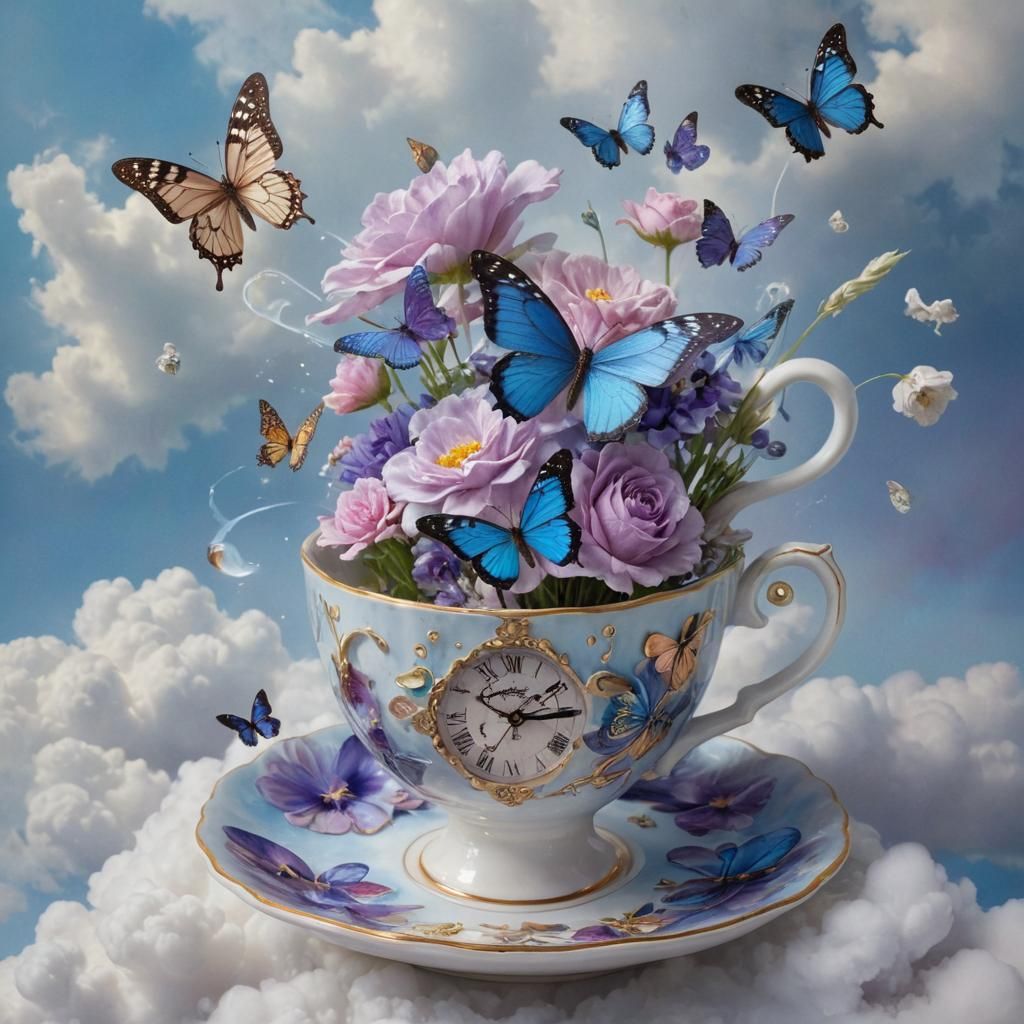 Surreal Still Life with Floating Teacup and Butterflies