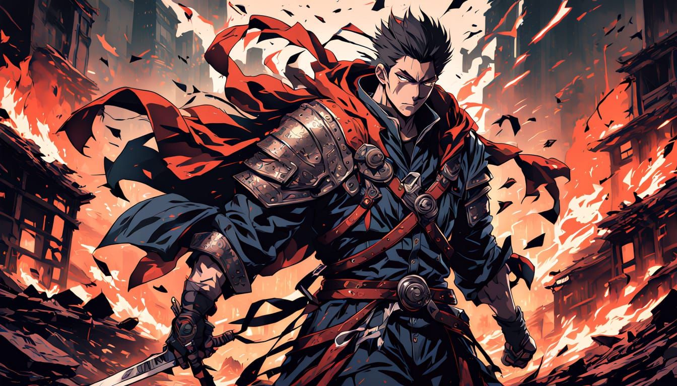 Warrior in Fur Jacket Stands Before Burning Village in Anime...