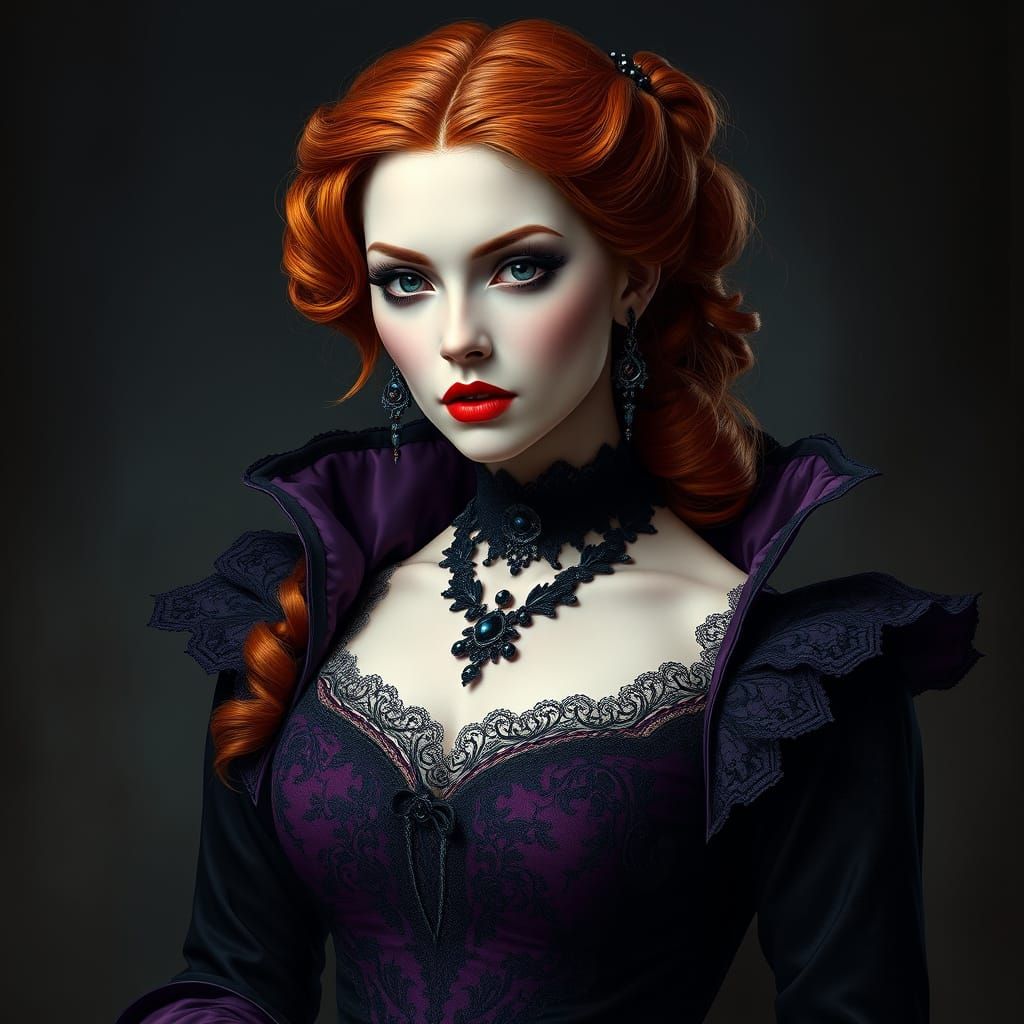 Regal Vampire in Victorian-Inspired Black and Purple Attire