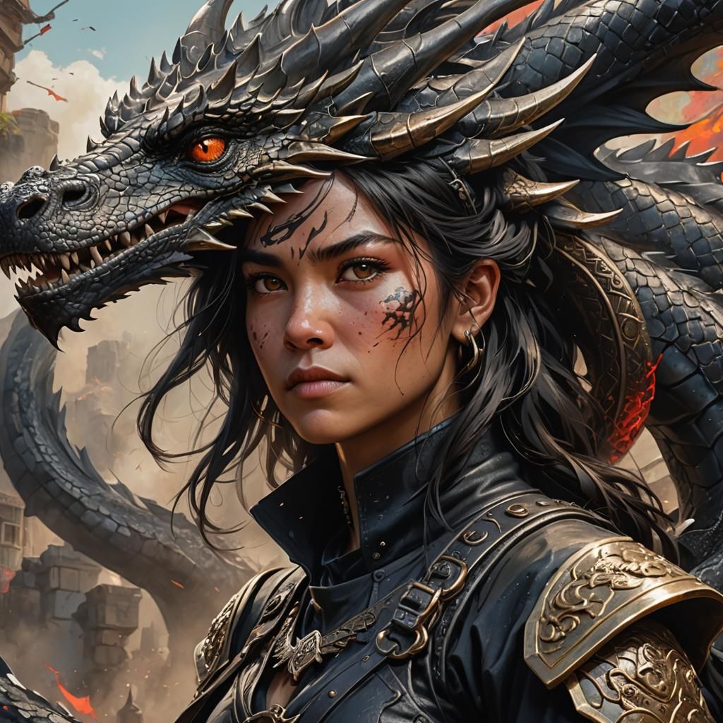 Hyperrealistic Warrior Woman and Dragon Splash Art