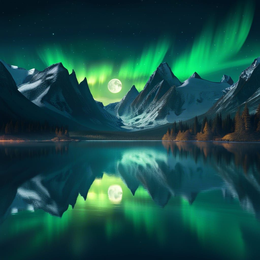 Moonlit Mountain Lake with Aurora Borealis