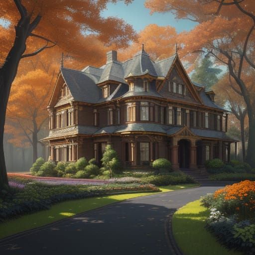 Surreal Victorian Mansion Amidst Vibrant Orange Blossom Fore...
