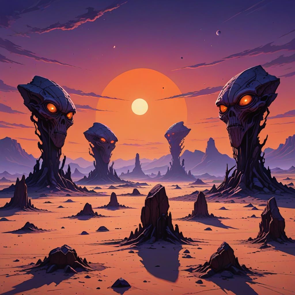 Alien Desert Dusk with Petrified Giants in Stark Surrealism