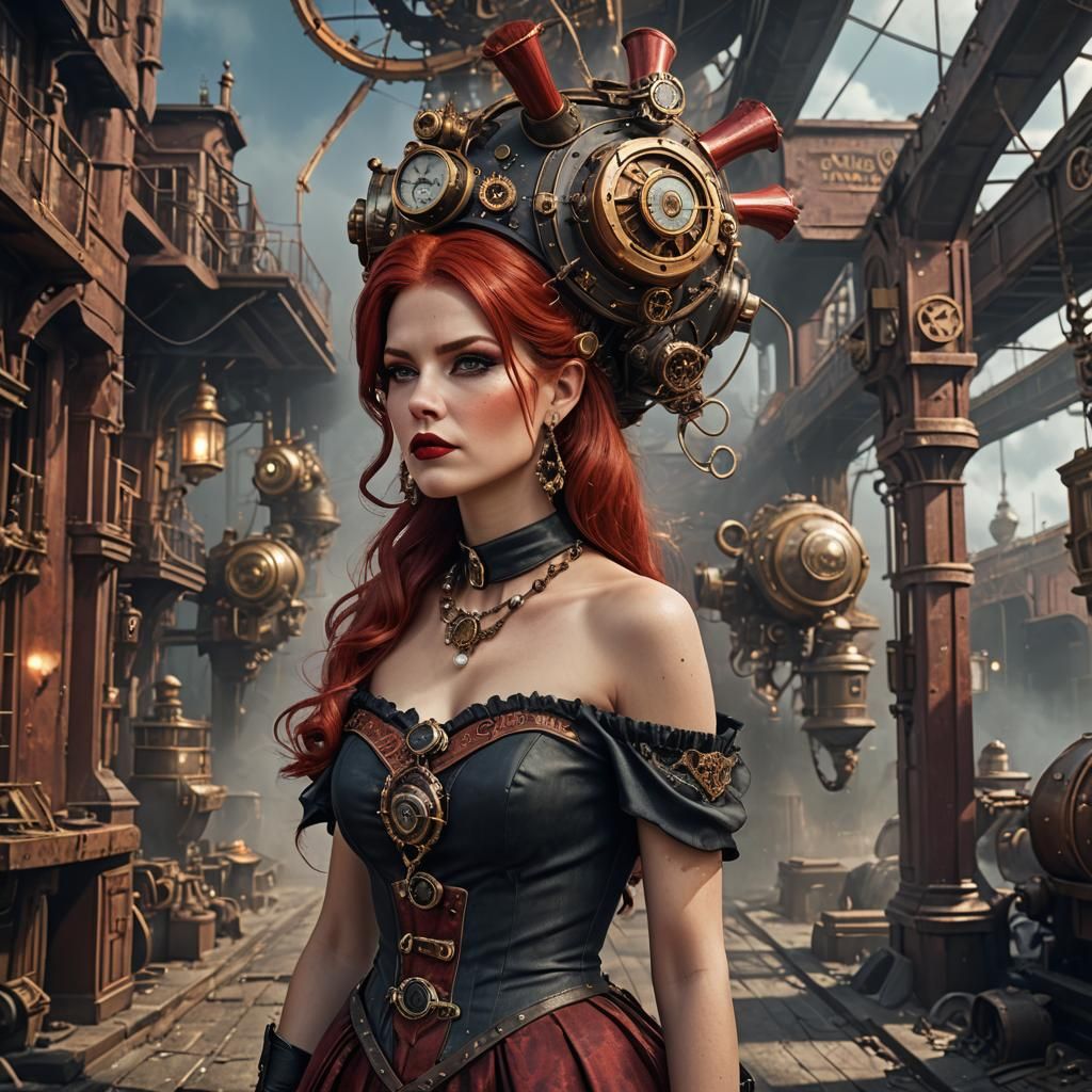 Steampunk Viking Woman with Red Hair and Pearl Necklace