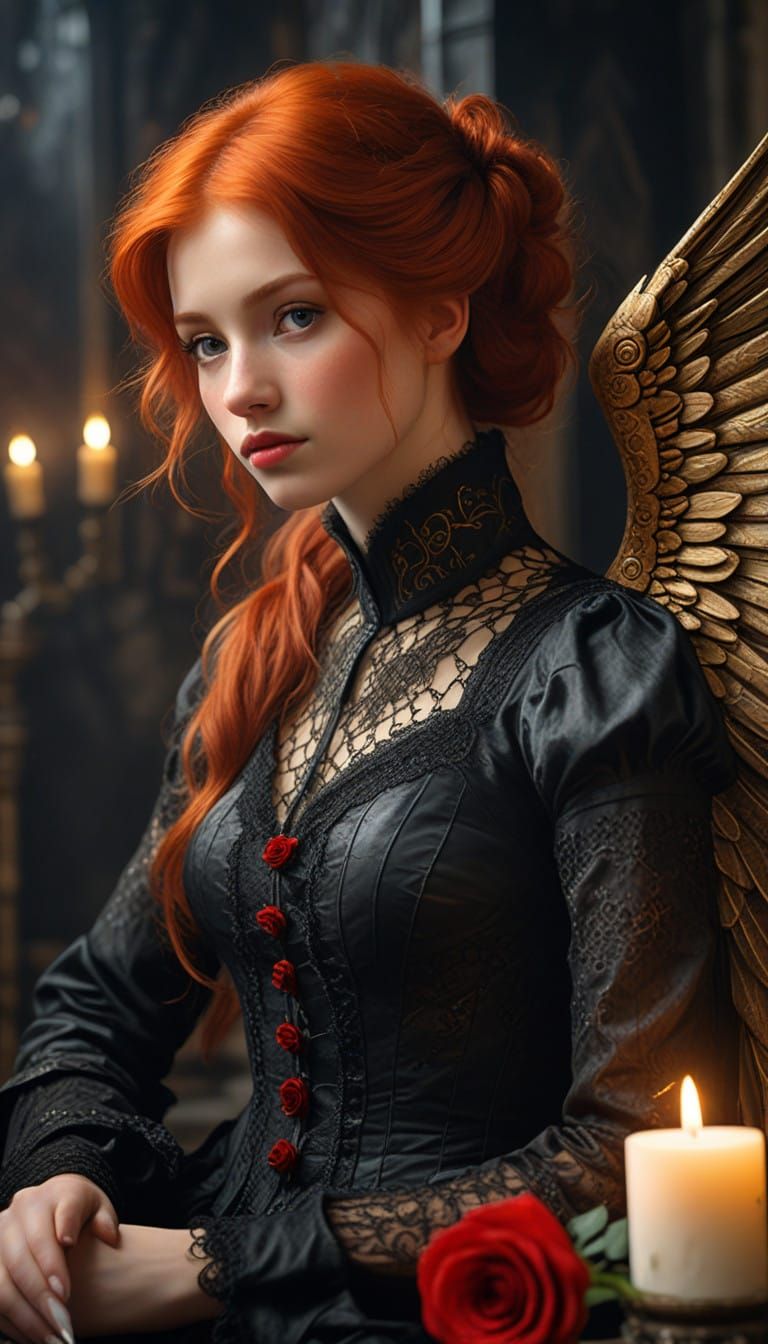 Steampunk Angel in Elegant Lace and Black Wings