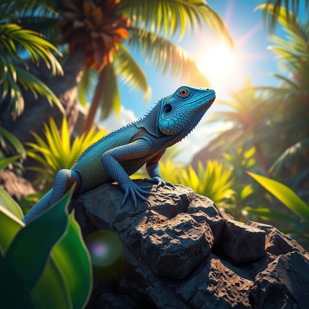Hyperrealistic Azure Lizard on Sunlit Rock