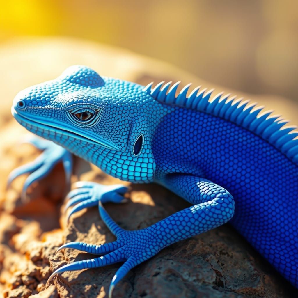 Vibrant Blue Lizard Basking on Sunlit Rock