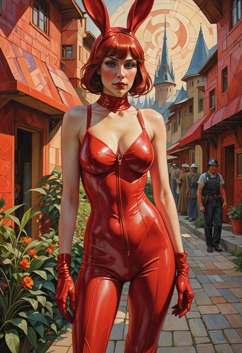 Woman, Space Marine, Alien Village in Art Nouveau Style