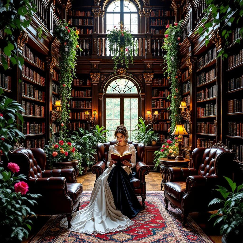 Woman Reads in Gothic Library with Lush Greenery