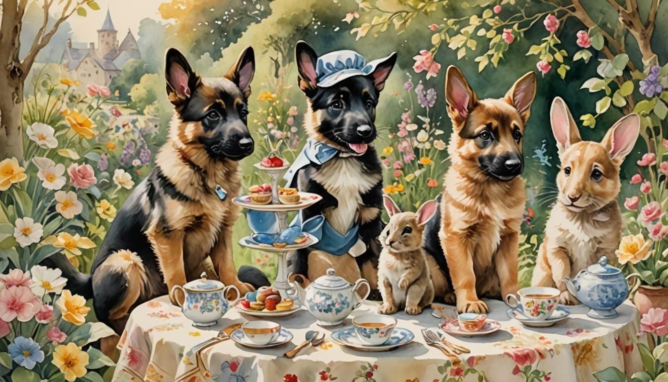 Whimsical German Shepherd Puppies Tea Party