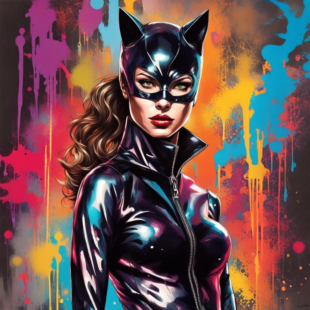 Catwoman in Leather Catsuit: Graffiti Art Style