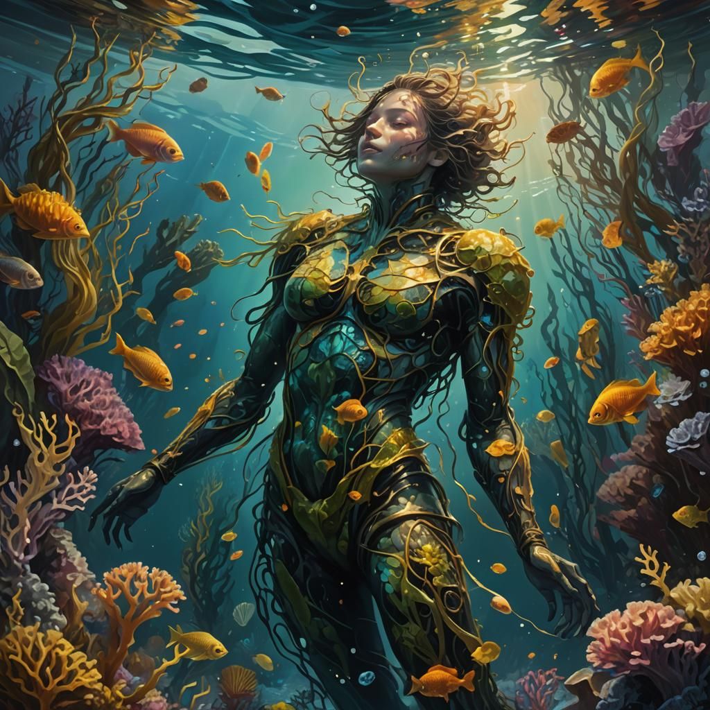 Underwater Figure in Dark Fantasy Oil Painting
