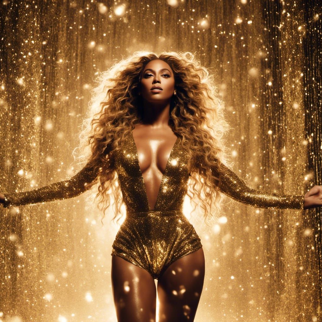 Beyonce in Gold Glitter Outfit, Hyperrealistic 8k