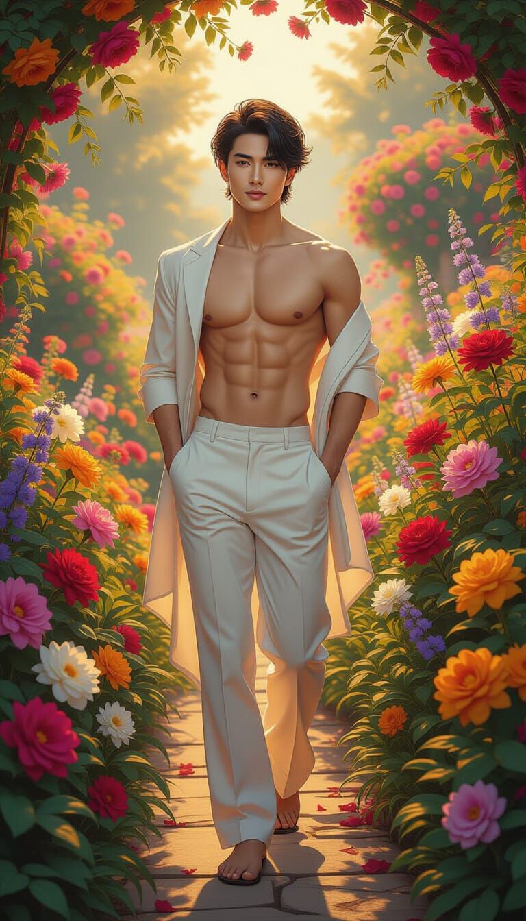 Gay Man in Vibrant Flower Garden, Romantic Fantasy Art