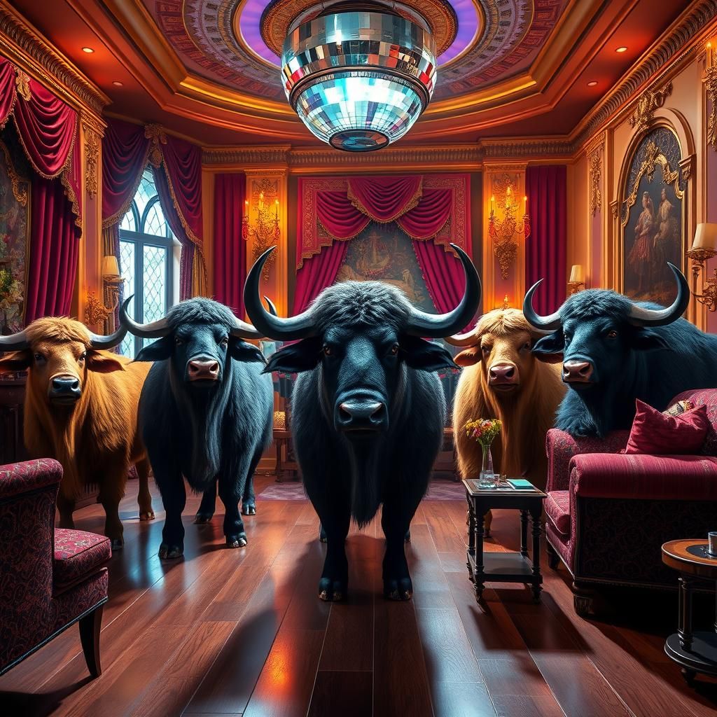 Yak and Buffalo Disco Party in Luxurious Living Room