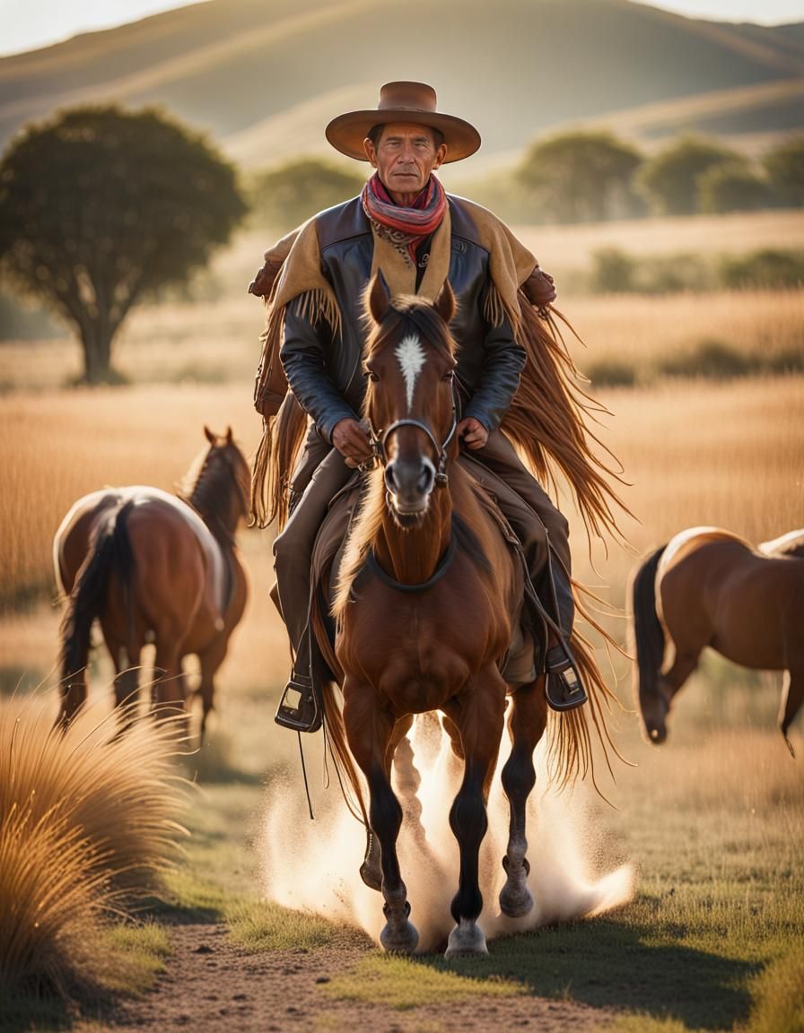 Gaucho Rides Horse Across Argentine Pampas as Folk Art