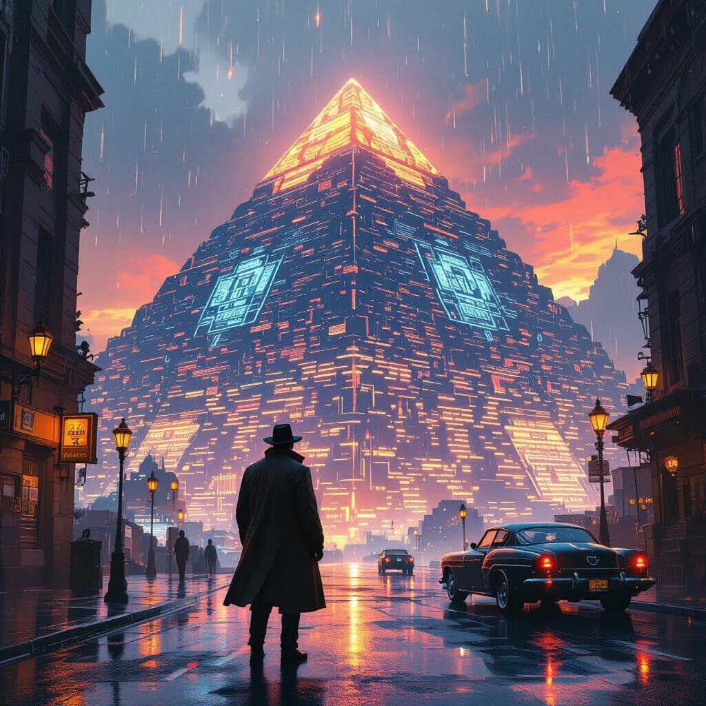 Cyberpunk Detective Gazes at Steampunk Pyramid