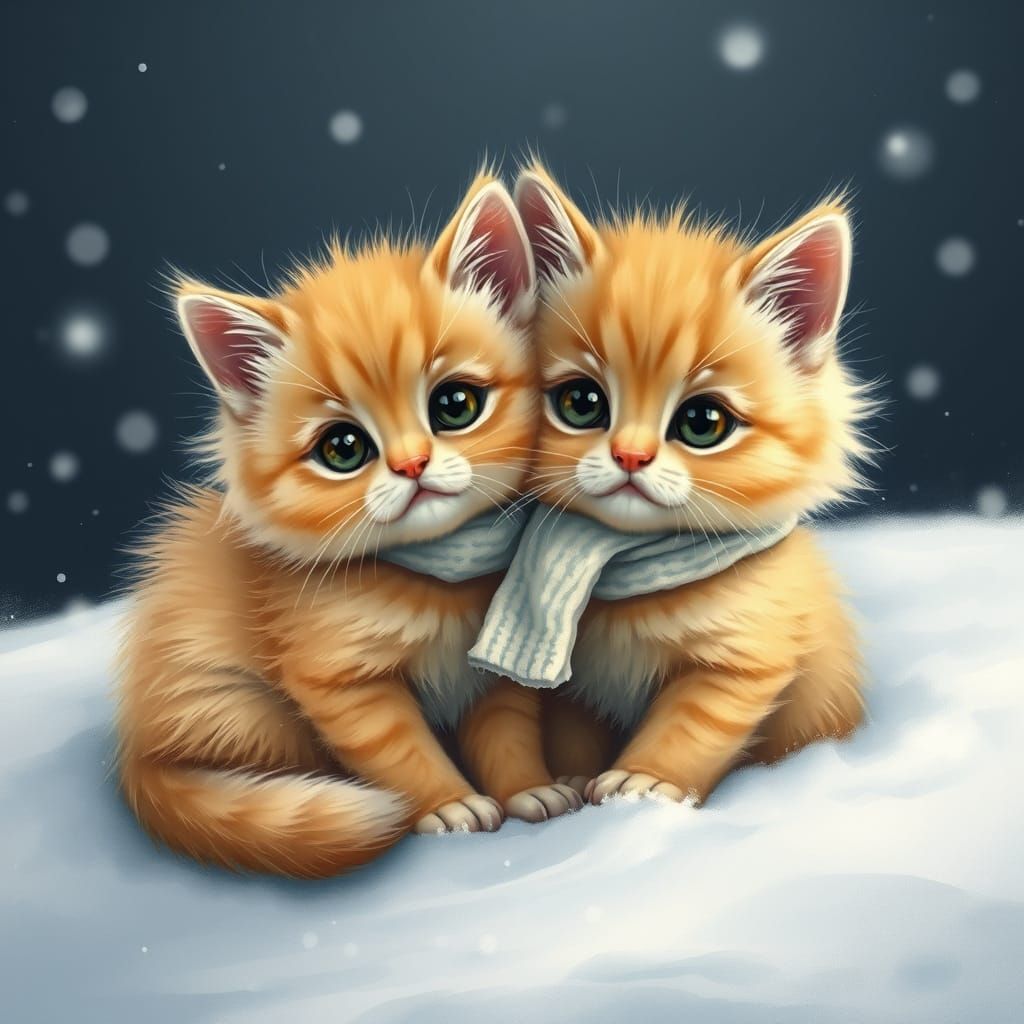 two fluffy yellow kittens cuddling in the snow. The kittens have large, expressive eyes and sweet expressions. One kitte...