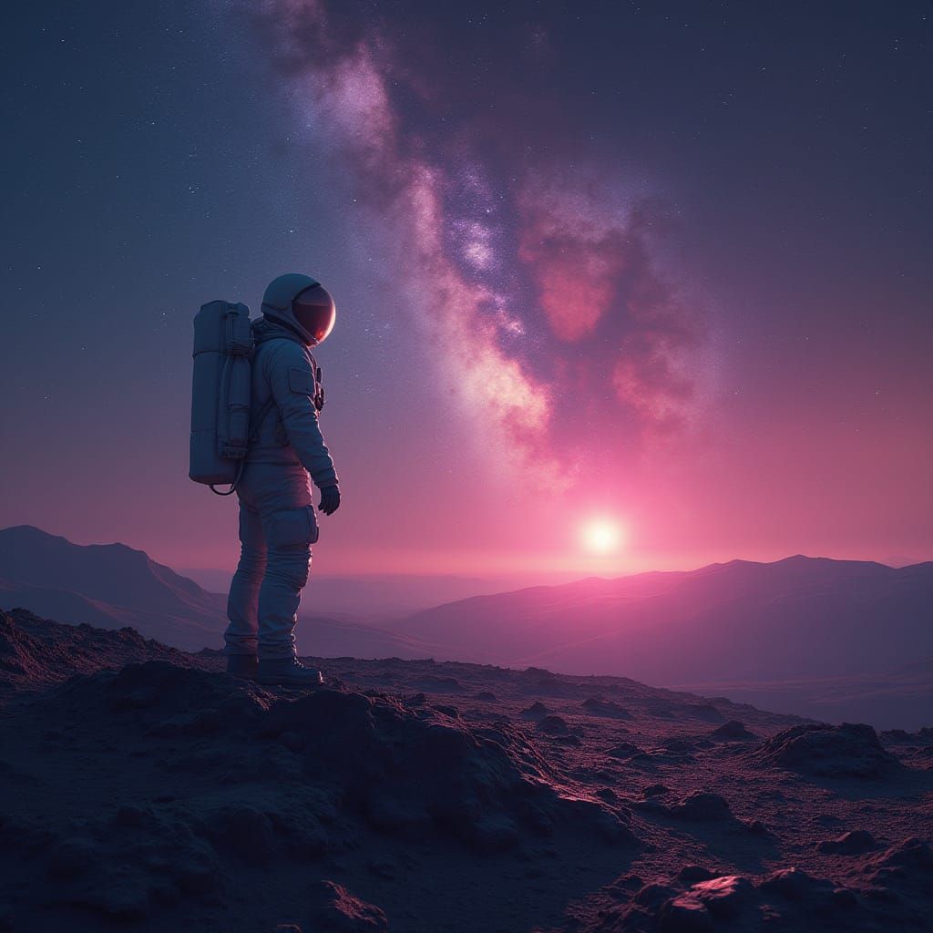 Astronaut on Bleak Planet Under Neon Sky in Distant Galaxy