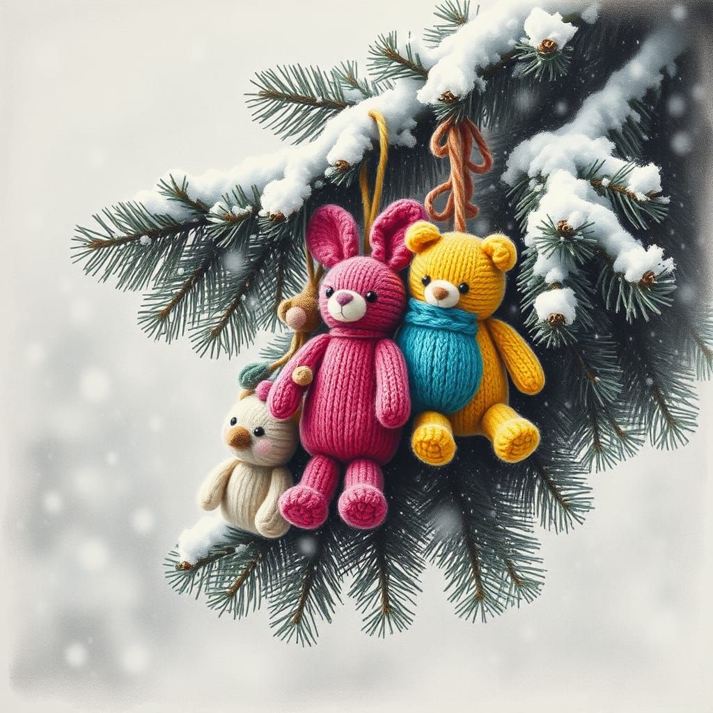 Snowy Spruce Branch with Knitted Toys, Charcoal Drawing