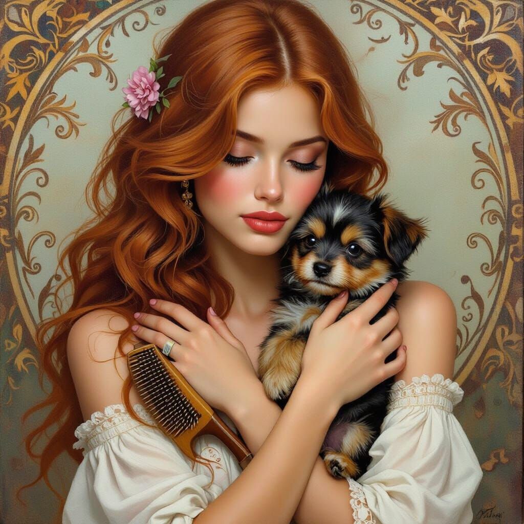Elegant Girl With Auburn Hair And Yorkie Puppy Dry Brush
