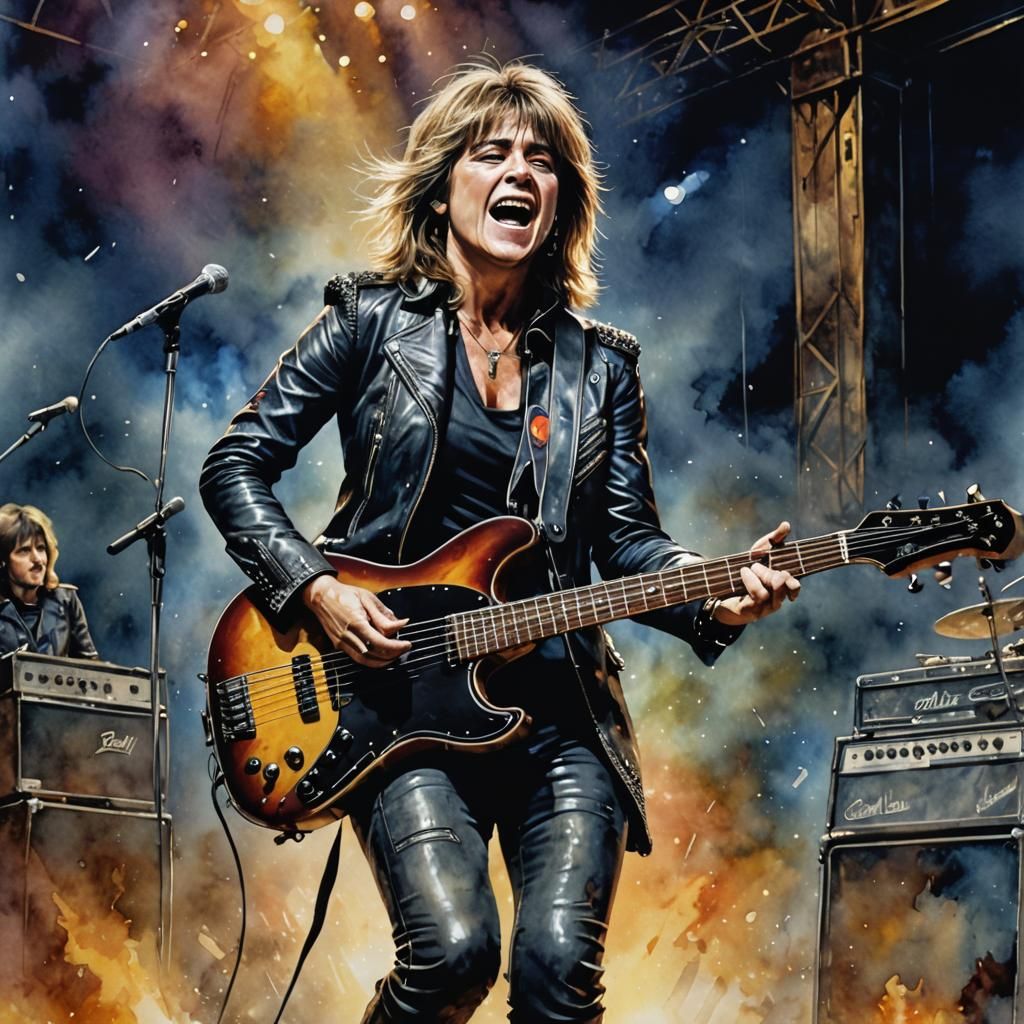 Watercolor Painting of Suzi Quatro Performing On Stage