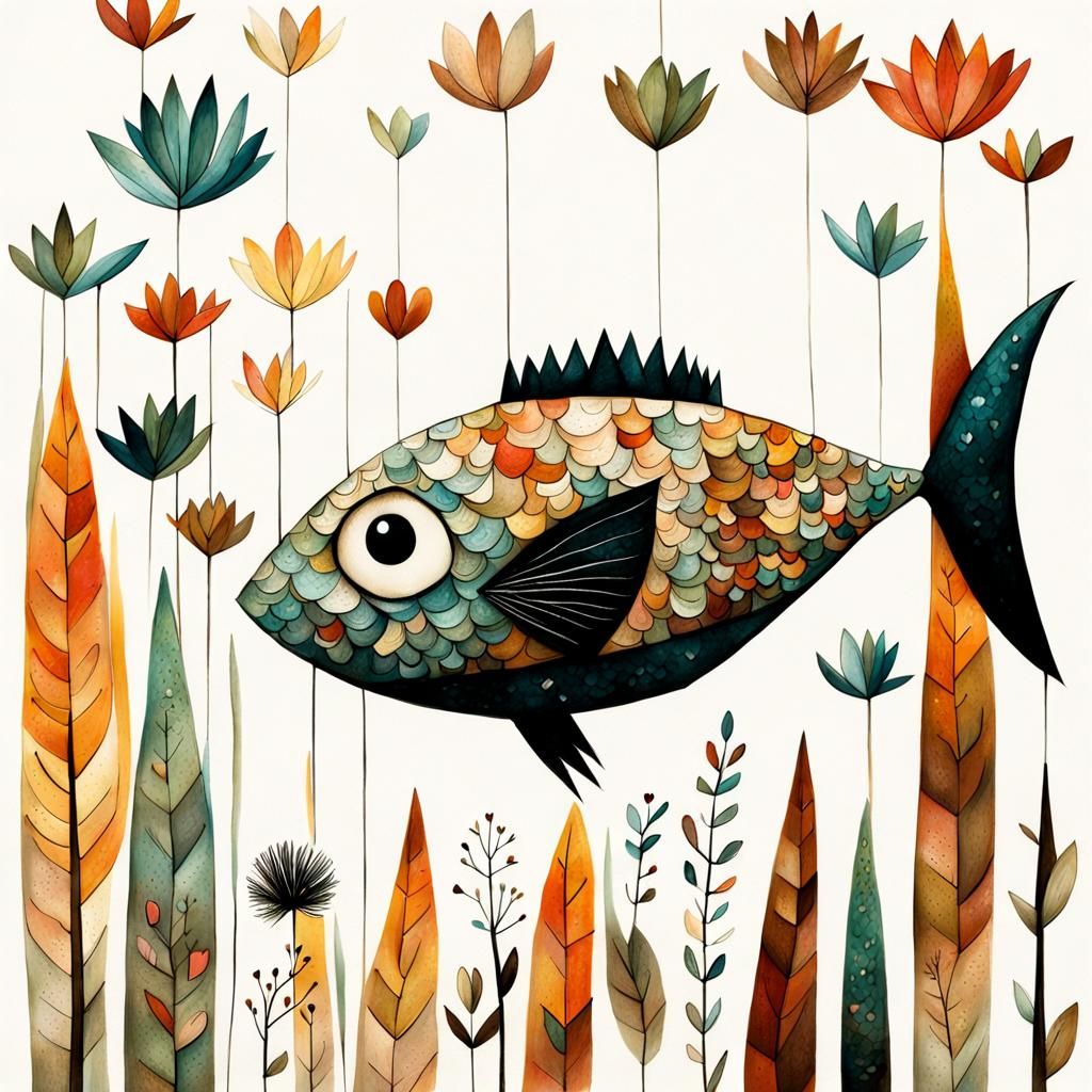 Girl in Fish Scale Dress Sketch with Flowers