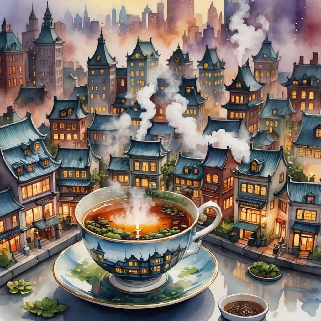 Miniature Cityscape Inside Teacup, Watercolor Style