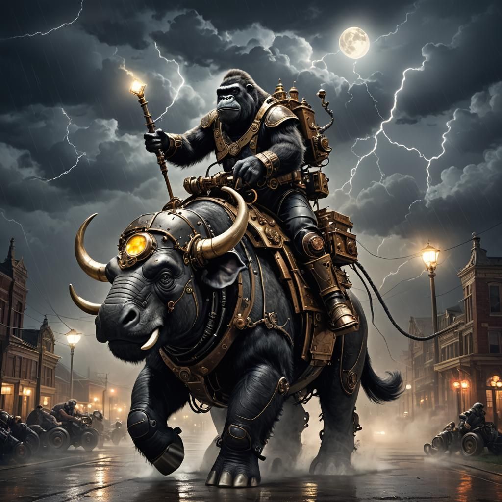 Steampunk Gorilla Rides Robotic Elephant in Storm