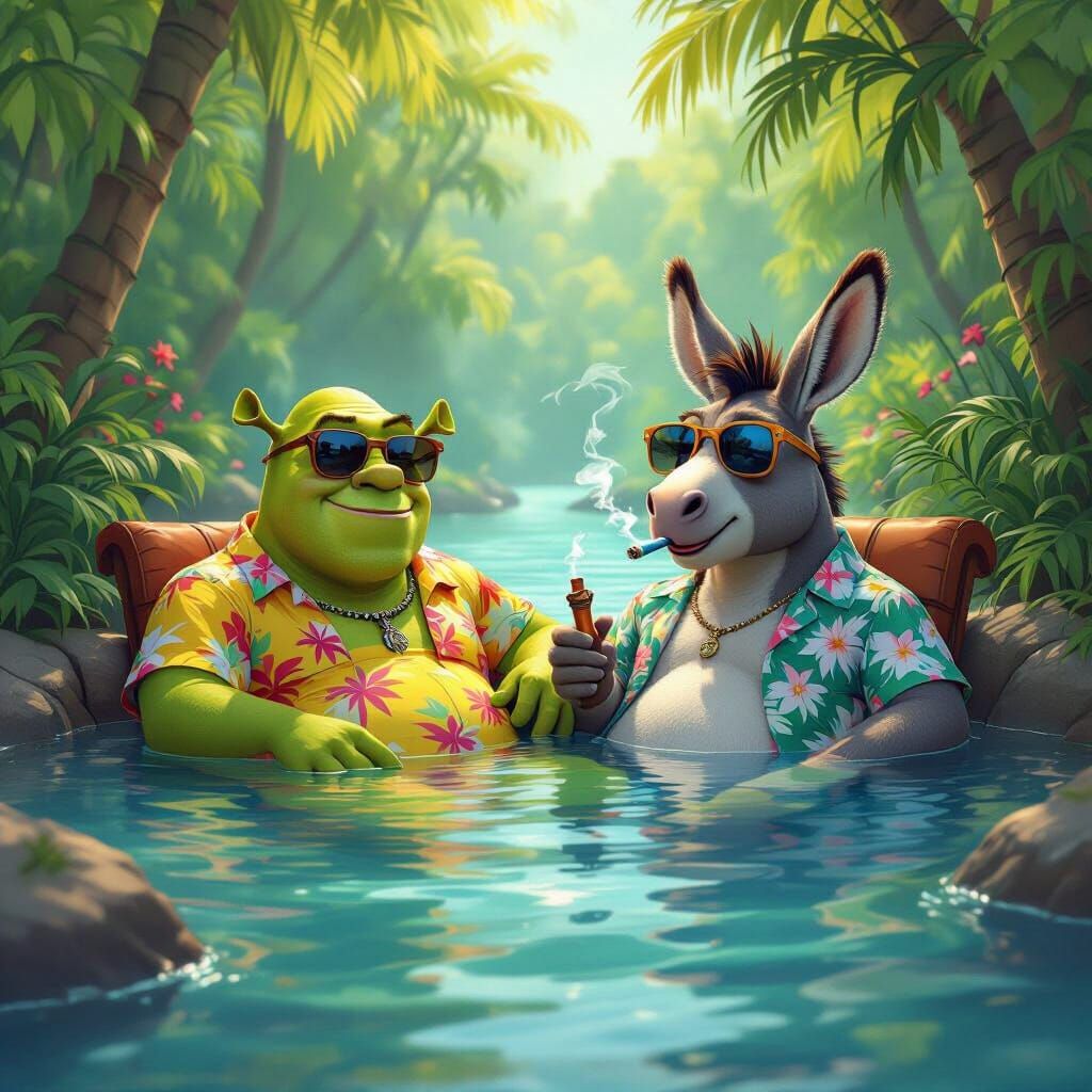 Shrek and Donkey Relaxing in Lazy River