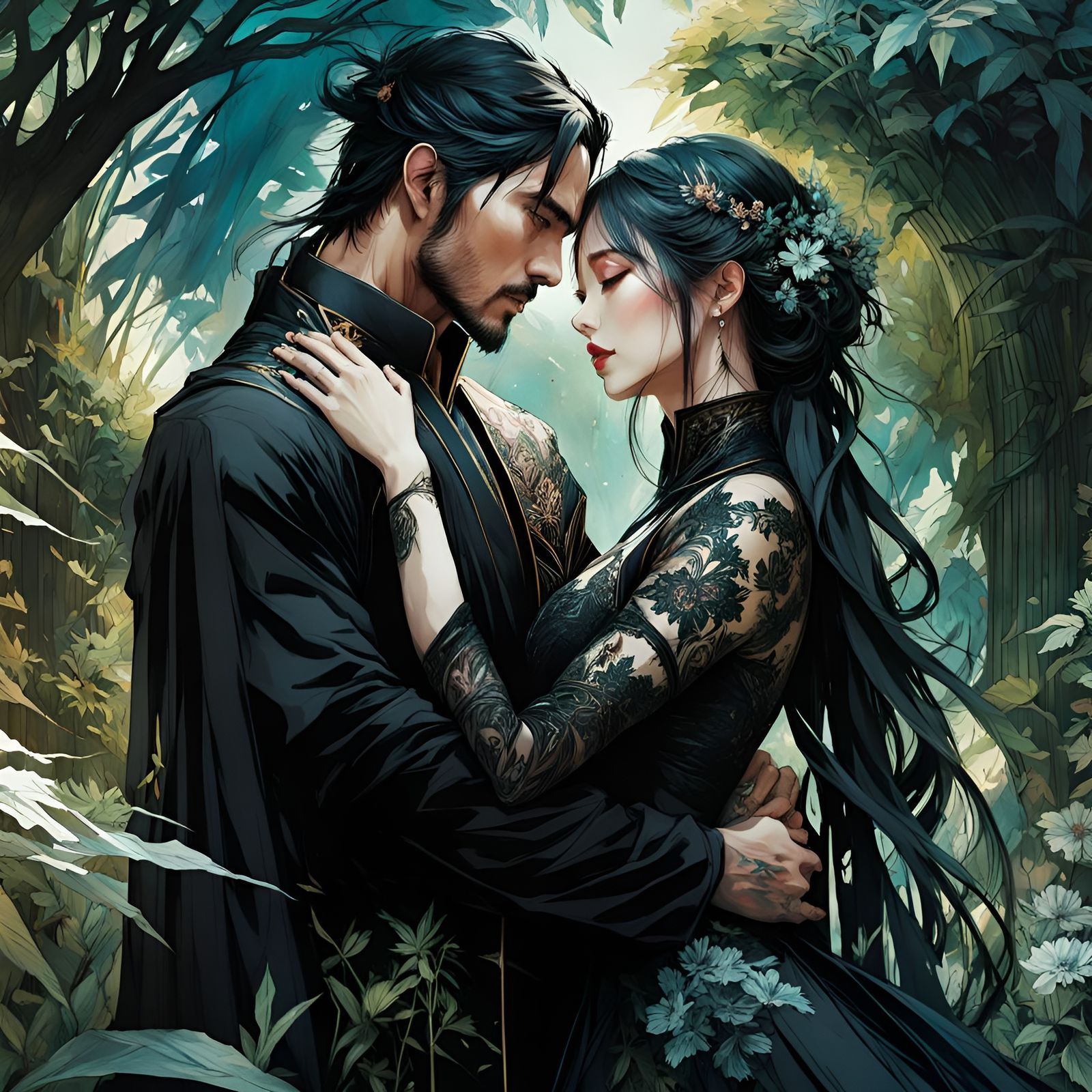 King and Lady Embrace: Detailed Manga Garden Scene