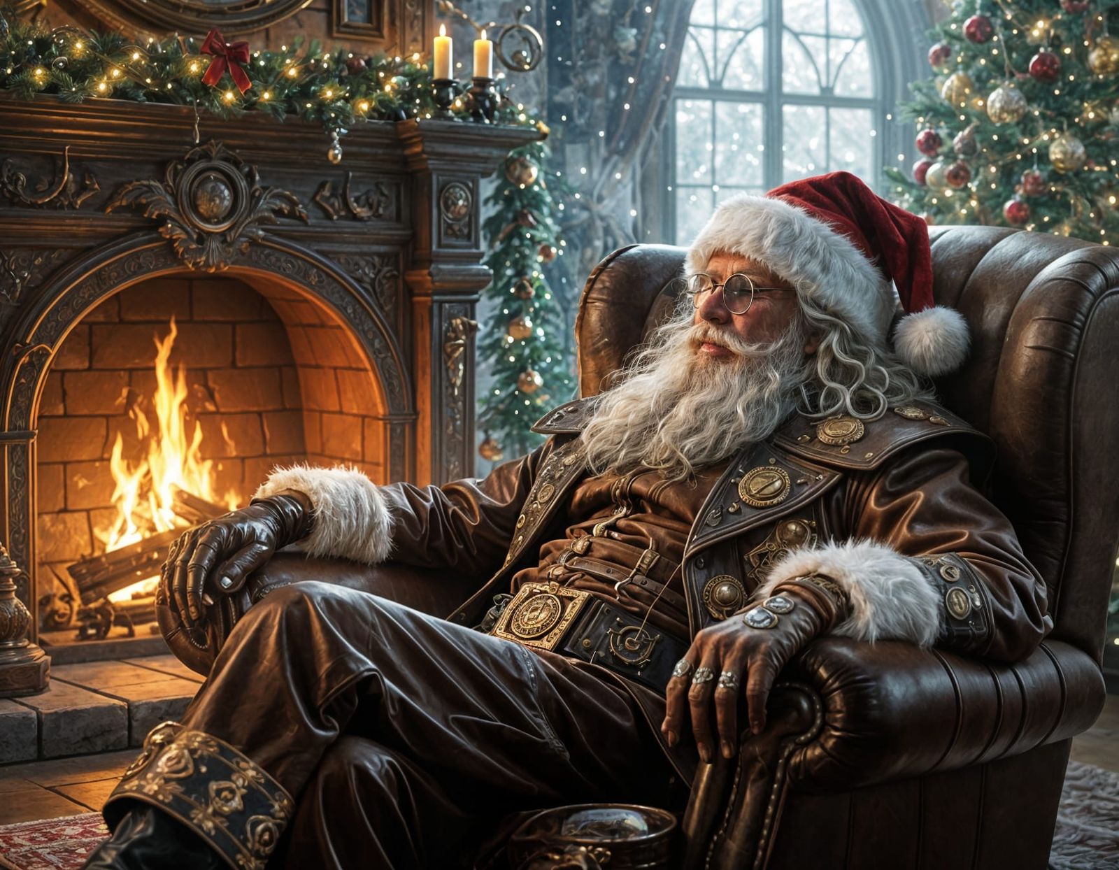 Steampunk Musician Napping by Fireplace with Christmas Tree
