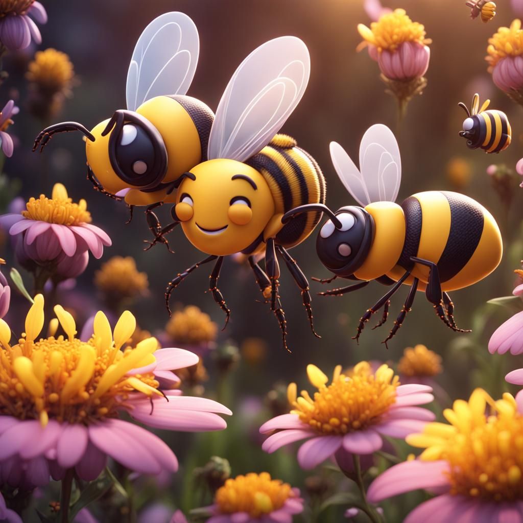 Cartoon Bees Pollinating Flowers: Detailed Matte Painting