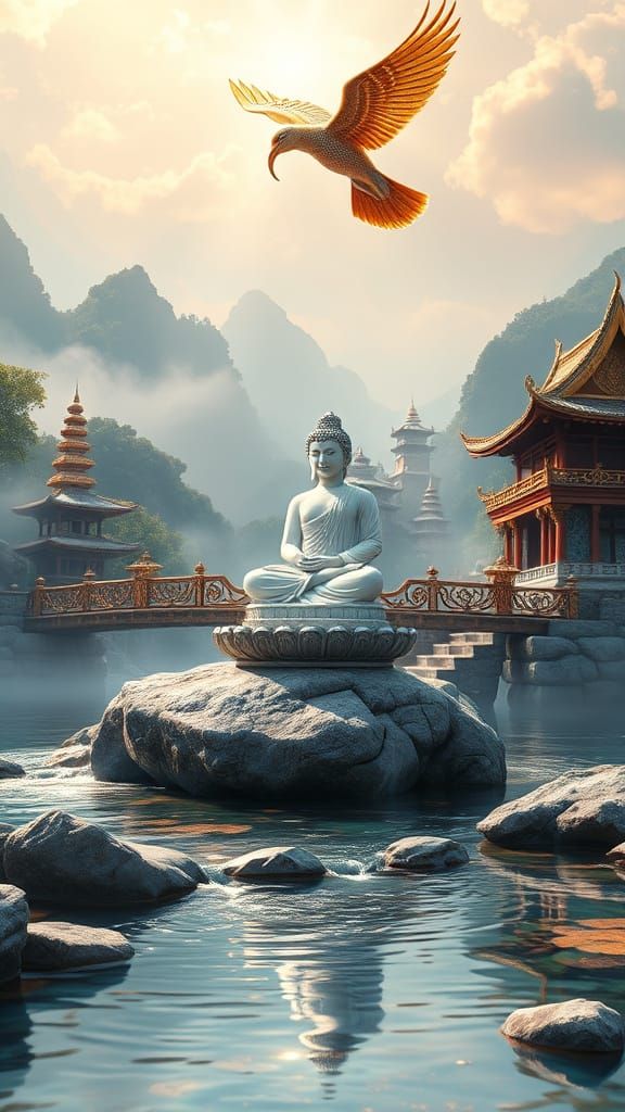 Radiant Buddha Statue in Divine Thai Landscape