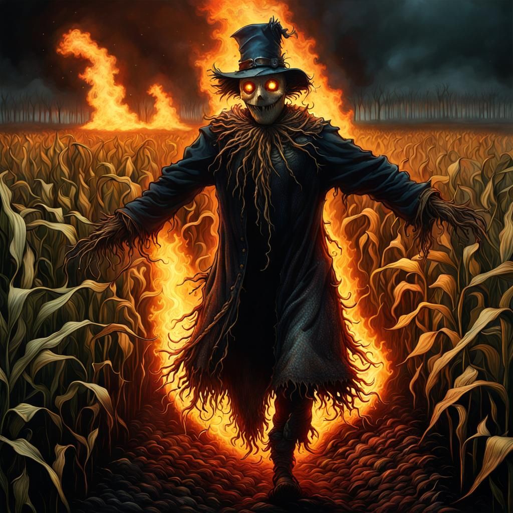 Burning Scarecrow Emerges from Cornfield