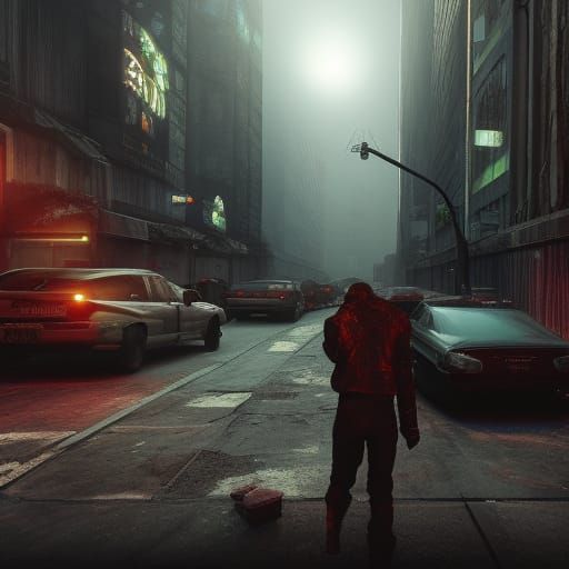 Decaying Technoir City Mirrored in Shadows