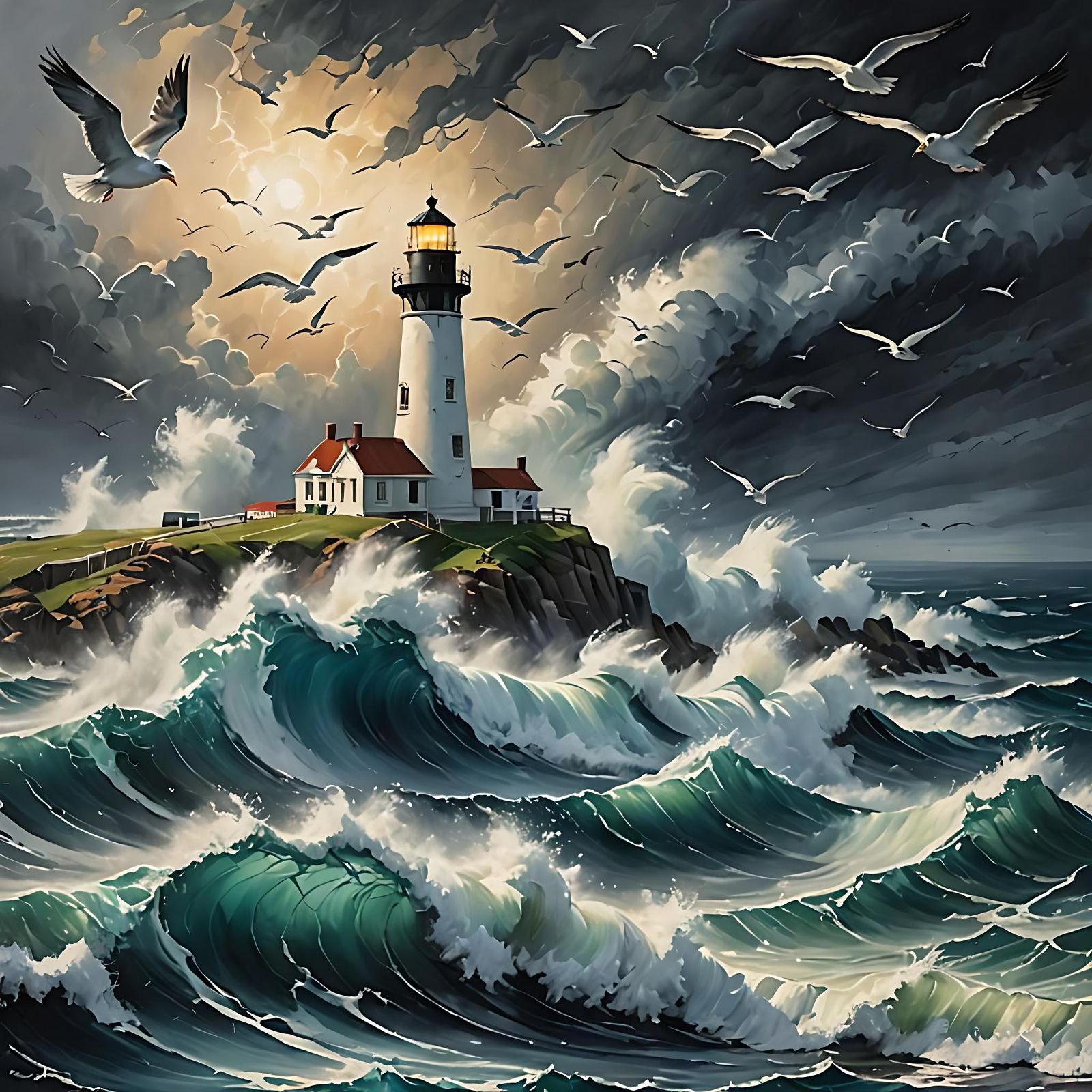 Lighthouse in Ocean Storm: Tachisme Brushwork