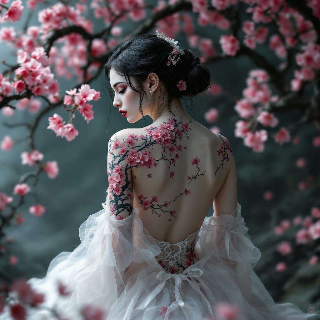 Gothic Goddess with Cherry Blossom Tattoo in Ethereal Beauty