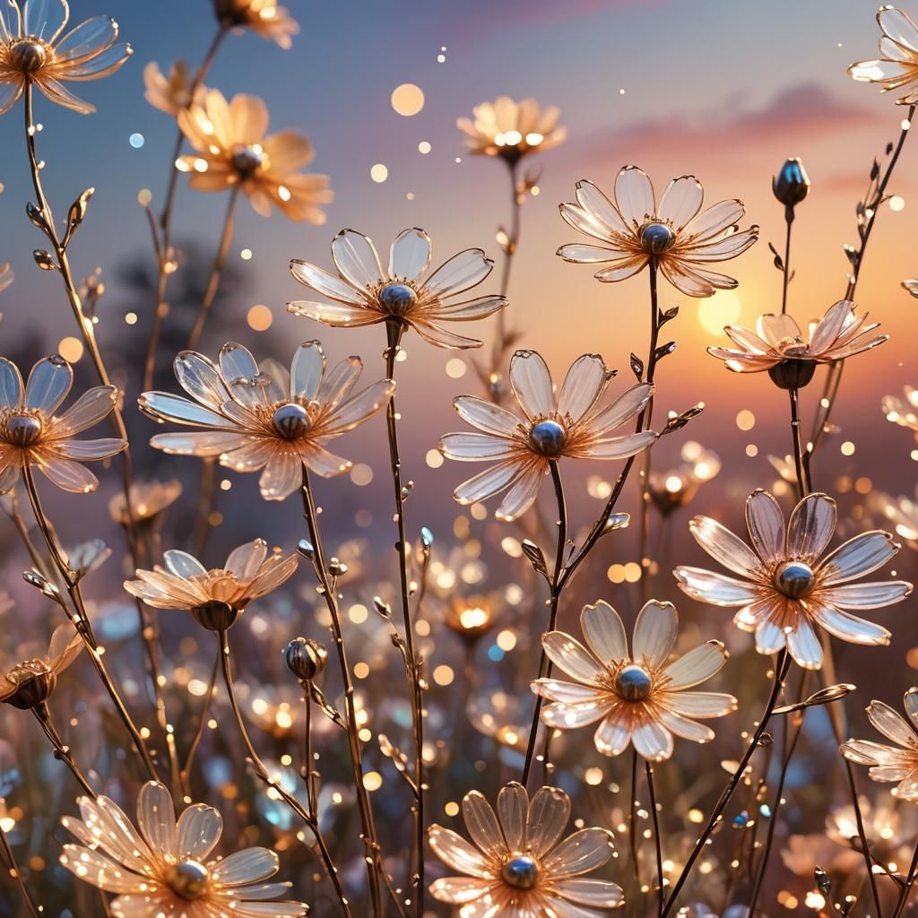 Glittering Glass Flowers at Sunset: Whimsical Digital Art
