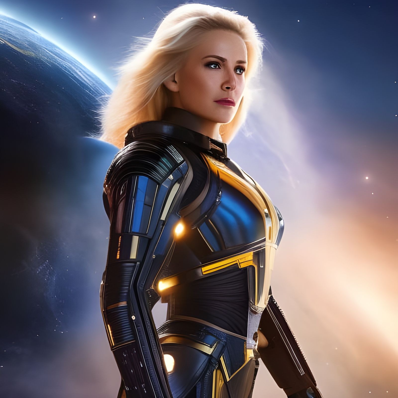 Futuristic Space Heroine in Front of Nebula