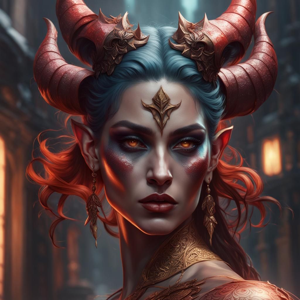 Devil Woman Portrait in Hyperdetailed Digital Art Style