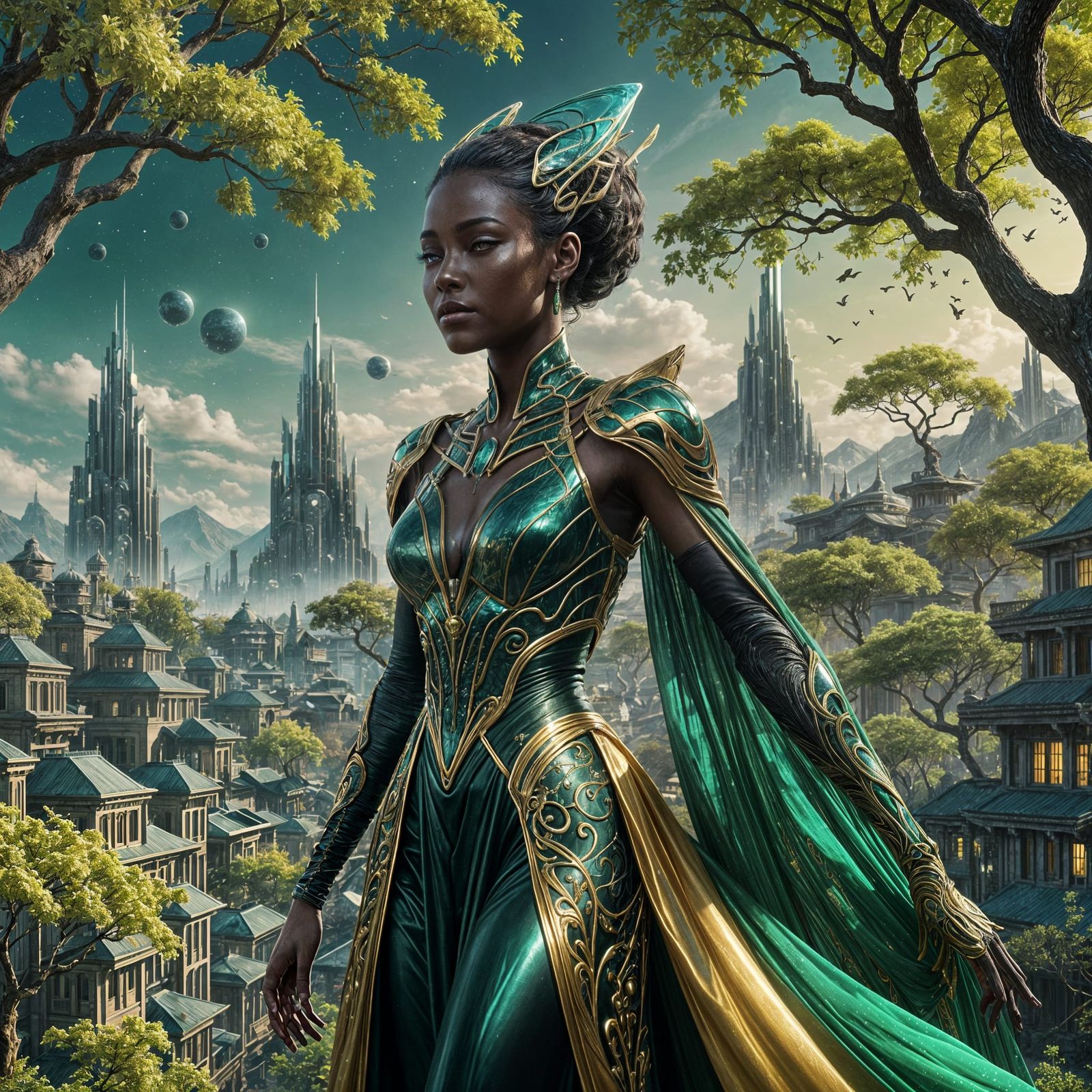 Alien Woman in Sci-Fi Town, Digital Art