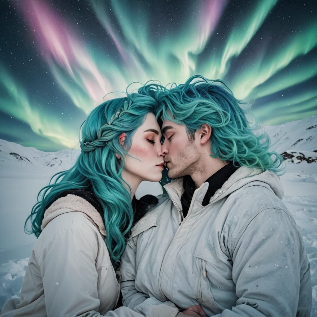 Couple Kissing Under Aurora with Turquoise Hair