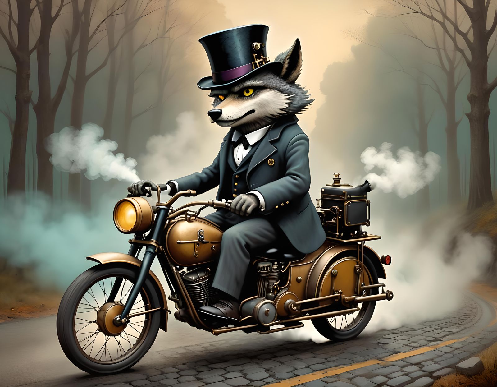 Steampunk Wolf Rides a Steam Motorbike