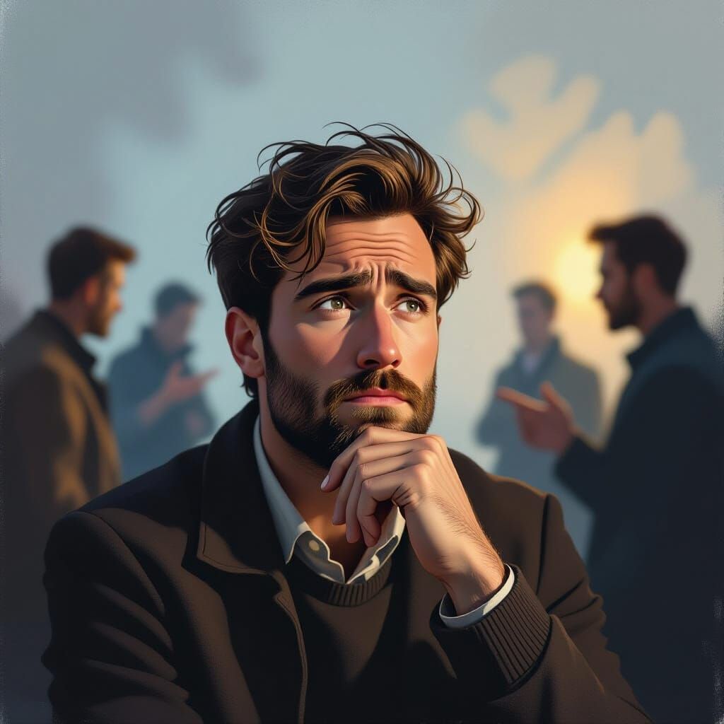 Man Lost in Thought Amidst Conflicting Opinions